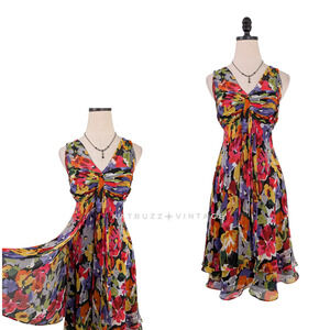 Y2K Silk Midi Dress 8 Multicolor Floral Babydoll Split Empire Guest Cocktail